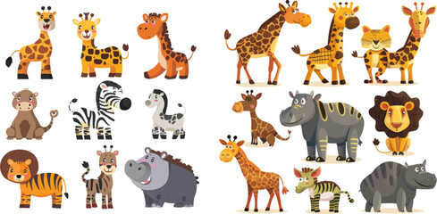 Wood, jungle or savanna animals, leopard, giraffe, hippo, crocodile and zebra