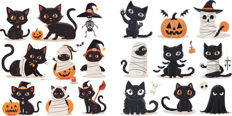 Ghost pet, skeleton and kitty on pumpkin vector set of dracula kitten vampire