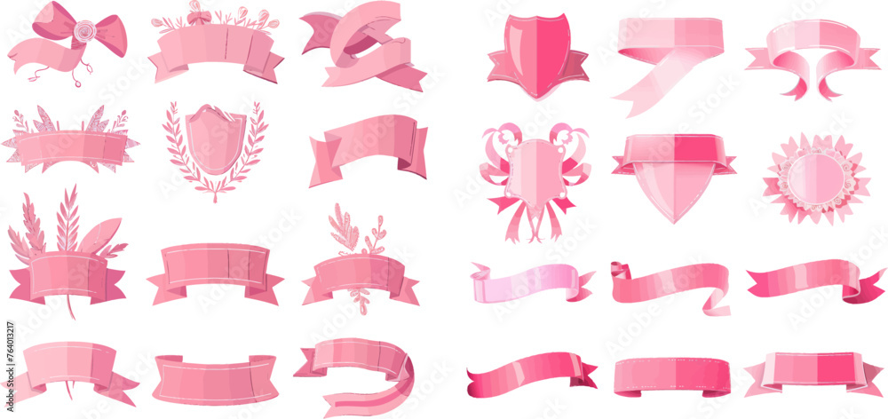 Poster frame with tape, abstract decorative shape badge and curved ribbons flat vector set