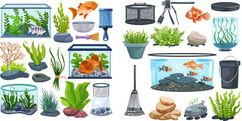 Cartoon aquarium equipment, fish, seaweeds and stones - obrazy, fototapety, plakaty