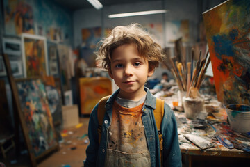 Fototapeta premium Little beautiful child draws on an easel in an art studio drawing school creativity generative AI