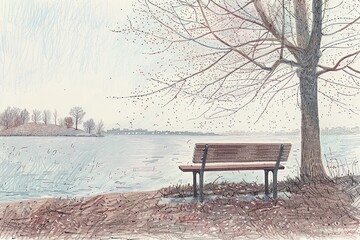 low contrast ballpoint pen pointillism illustration of a bench at the side of a lake in a spring day