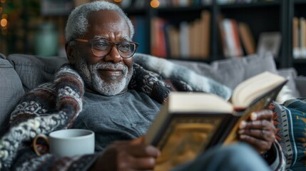 Contemporary African American retired man sitting in armchair and reading curious book at leisure while staying at home - obrazy, fototapety, plakaty
