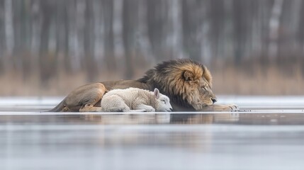 Peaceful coexistence  lion and lamb harmoniously living together in serene and tranquil cohabitation - obrazy, fototapety, plakaty