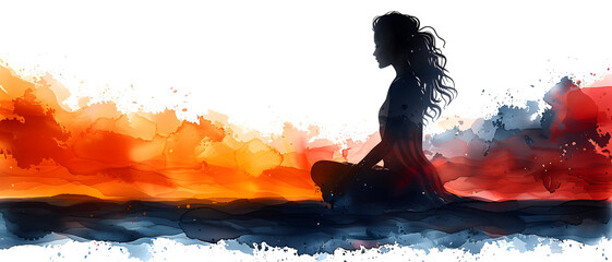 A serene silhouette of a woman with a radiant, fiery sunset background, evoking peace and contemplation in an abstract context