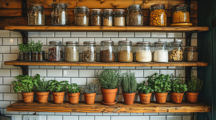 A shelf full of glass jars and potted plants