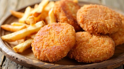 Top view of traditional chicken nuggets and french fries on wooden table with space for text