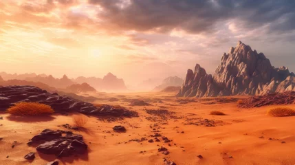 Papier Peint photo Orange Desert landscape with mountains, on an alien planet