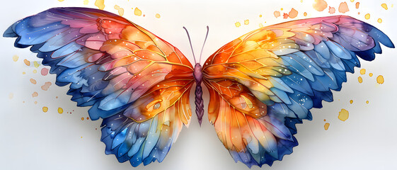 Graceful butterfly with blue and yellow hues captured in a delicate watercolor style symbolizing beauty and transformation