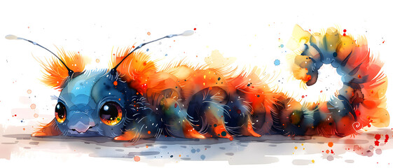 An imaginative painting of a vibrant, multicolored caterpillar with a fantastical design, rendered in an expressive watercolor style - obrazy, fototapety, plakaty