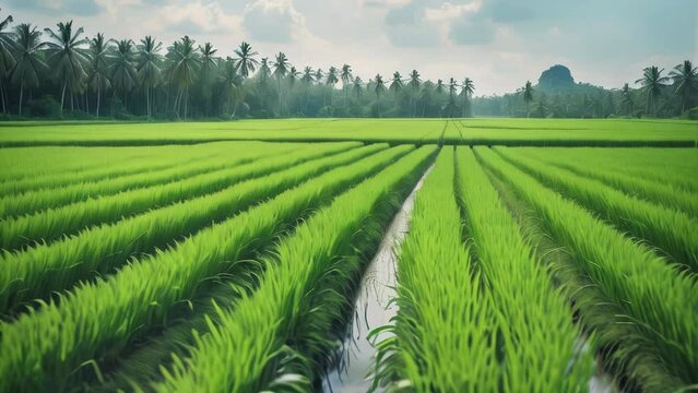 Large green rice field with green rice plants in rows
