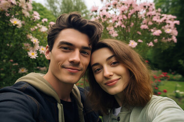 Obraz premium Happy people enjoying beautiful spring day park trees blossom city view Generative AI illustration