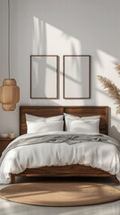 Frames mock ups on wall hanging above bed at cozy luxury home. Modern bedroom comfortable stylish trendy room background. Empty blank pictures canvas interior design decoration mockup.