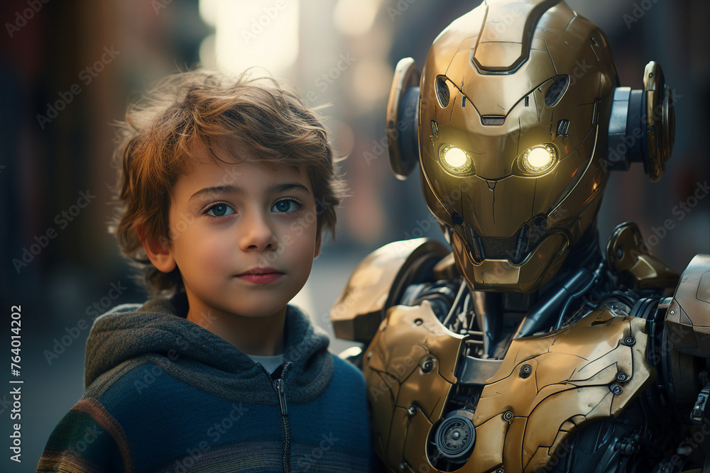Poster generative ai picture photo of little child playing with artificial intelligence robot friend