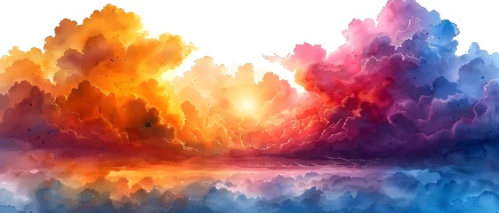 Tuinposter Colorful, abstract watercolor painting of clouds at sunrise or sunset, blending vibrant hues to create a dreamlike atmosphere © Janina