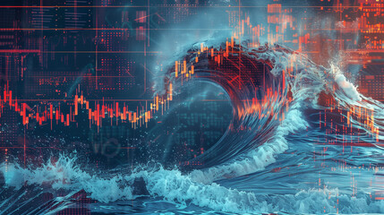Cyber Wave Colliding with Financial Market Data - obrazy, fototapety, plakaty