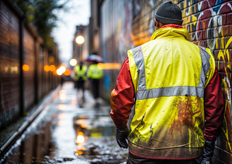 Worker walking along a wet street during a heavy rain storm