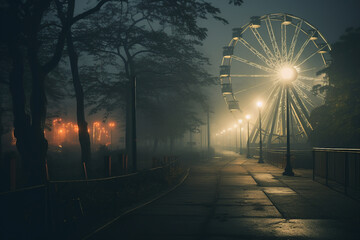 Generated AI picture of carnival with Ferris wheel in dark misty amusement park