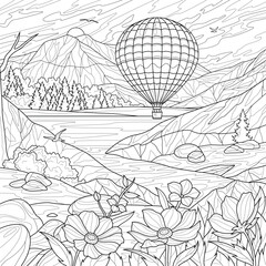 A hot air balloon over the lake. Landscape with flowers.Coloring book antistress for children and adults. Illustration isolated on white background. Hand draw