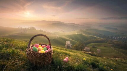 Golden sunlight bathes a field, where a basket brimming with colorful Easter eggs evokes the joy of spring. - obrazy, fototapety, plakaty
