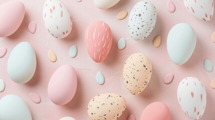 Pastel Easter eggs with artistic designs on a textured pink backdrop. Speckled and patterned Easter...