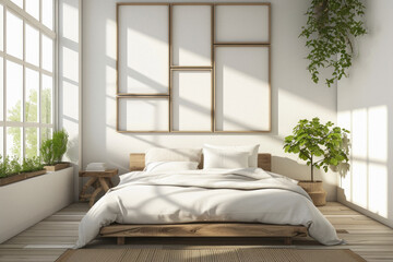Frames mock ups on wall hanging above bed at cozy luxury home. Modern bedroom comfortable stylish...