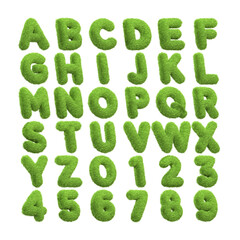 Complete set of alphabet letters and numerals from zero to nine with a lush green grass texture, isolated on white background. Eco-friendly concept. Side view. 3D render illustration