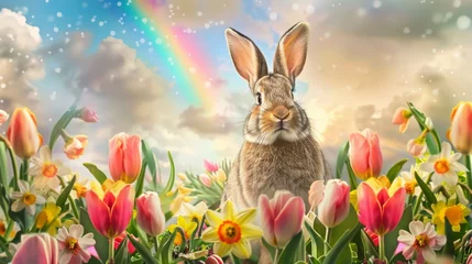 Fotobehang Springtime fantasy with rabbit among vibrant tulips and daffodils. Colorful floral field with a bunny under a sunny sky with a rainbow. © Irina.Pl
