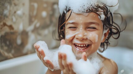 Happy child playing with soap suds in the bath. Joyful bath time with playful bubbles for kids. Smiling young child enjoying a fun and soapy bath. - obrazy, fototapety, plakaty