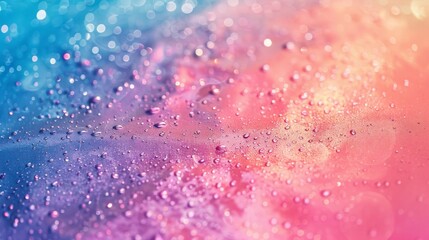 Close-up of glossy droplets on abstract pink and blue surface. Fresh and pure water droplet texture in pastel colors. Serene abstract background with delicate dew in soft hues. - obrazy, fototapety, plakaty