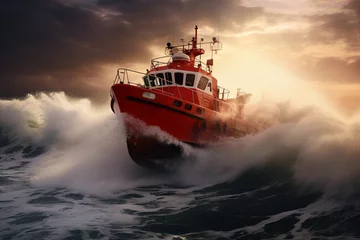 Poster Im Rahmen Generative AI image of orange rescue or coast guard patrol boat industrial vessel in blue sea ocean water © Tetiana