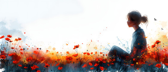 A tranquil digital painting showing a woman sitting peacefully in a vibrant field of red poppies with a watercolor style - obrazy, fototapety, plakaty