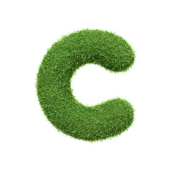 Capital letter C shaped from lush green grass, isolated on a white background. Front view. 3D render illustration