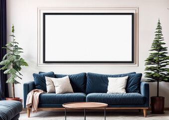 Interior of modern living room with blue sofa, coffee table and mountains on the wall