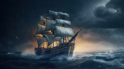 Raamstickers Sailing old ship in a storm sea, Ship in Stormy Sea © nahij
