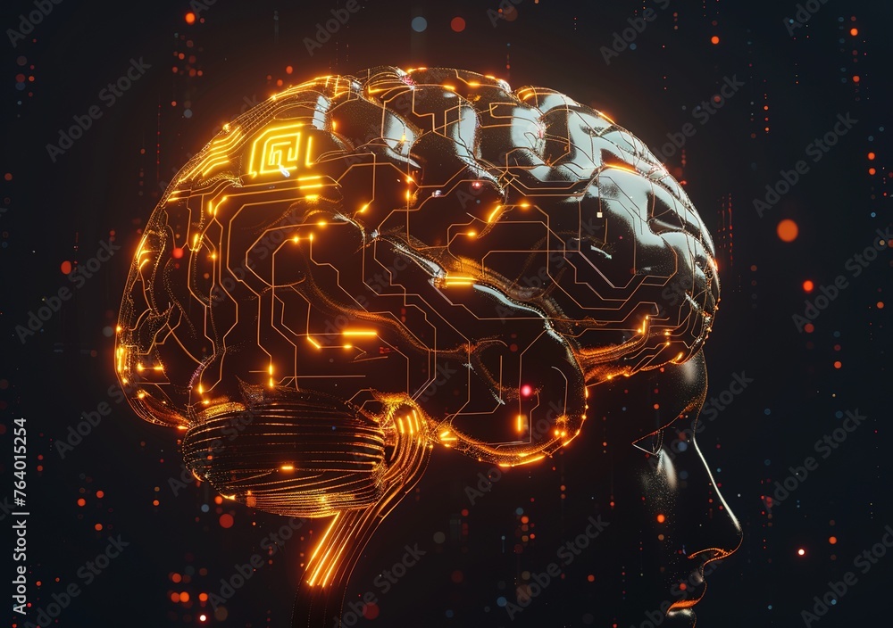 Poster futuristic cybernetic brain interface: detailed visualization of advanced neural networks and artifi