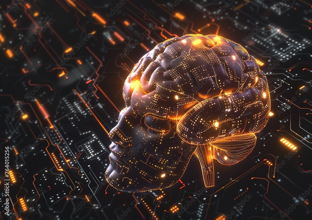Poster futuristic cybernetic brain interface: detailed visualization of advanced neural networks and artifi