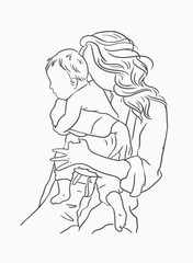 Hand drawn mom hug baby vector, sketch mom and baby