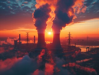 Cooling towers emitting steam, sunset glow, imposing industrial silhouette - obrazy, fototapety, plakaty