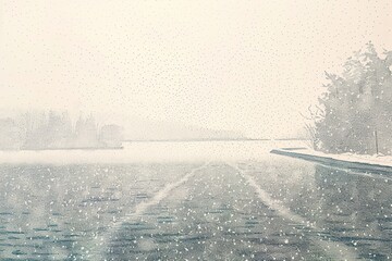 low contrast ballpoint pen pointillism illustration of a lake in the winter with snow