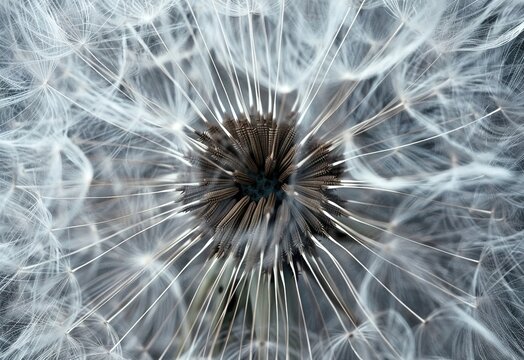 A symphony of nature: an intricate dandelion seed head amid an ethereal glow, reflecting a dance of light and shadow