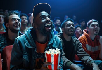 A fascinating look at modern cinema: a diverse audience engrossed in the film, popcorn in hand, surrounded by luxurious seating - obrazy, fototapety, plakaty