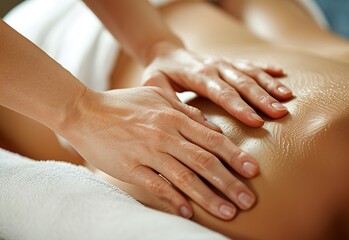 Professional massage session: the therapist’s skillful hands apply precise pressure to the client’s back