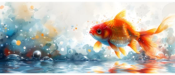 Fotobehang Energetic goldfish leaps from a water splash, capturing the essence of vitality and aspiration © Janina