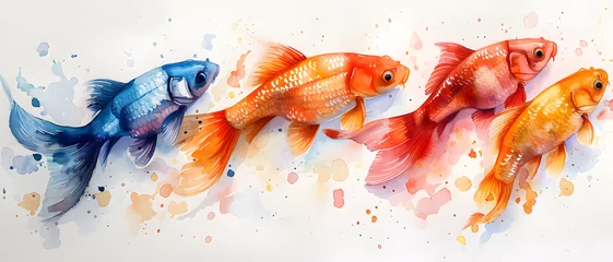 Fotobehang A quartet of goldfish swims in harmony, with watercolor streaks highlighting their fluidity and grace © Janina