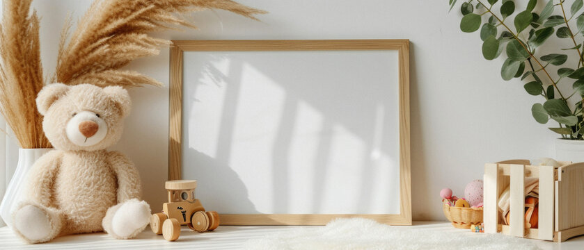 A white frame with a teddy bear and a toy car sits on a table