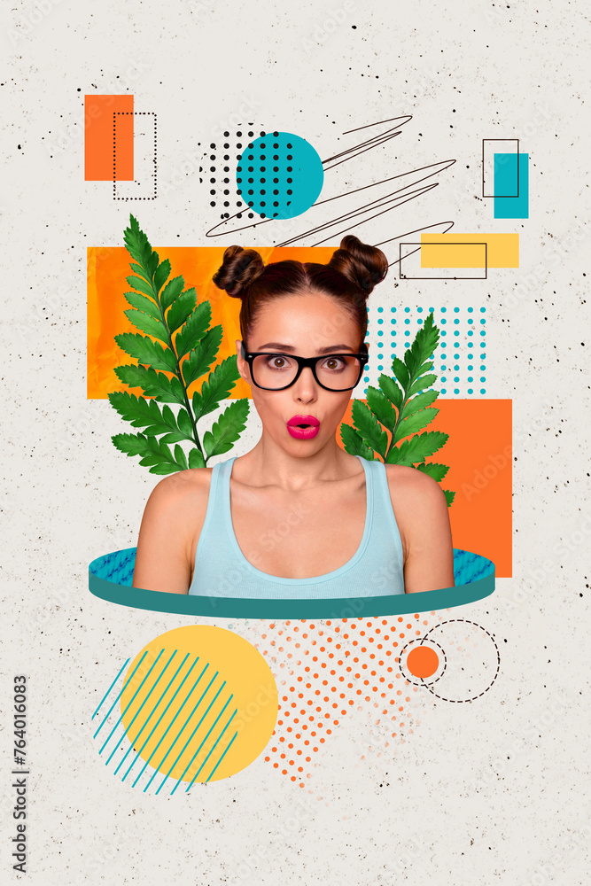 Sticker Collage artwork photo picture of astonished lovely cute girl wear stylish glasses glamour make up isolated on creative drawing background