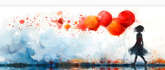 A solitary girl walks from left to right holding red balloons in a splashy, abstract watercolor scene, evoking a sense of freedom or departure