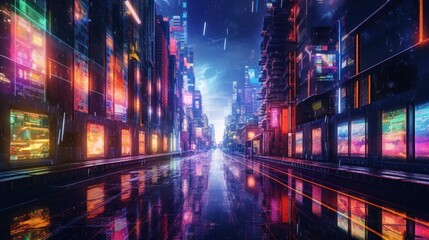 3D Rendering of billboards and advertisement signs at modern buildings in capital city with light reflection from puddles on street. - obrazy, fototapety, plakaty
