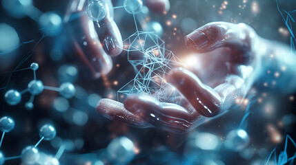 Futuristic Nano Technology Concept, Shimmering nanoparticles with hand, high-tech feel.
